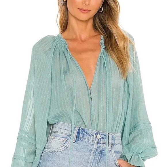 NEW FREE PEOPLE Blue/Green Split Neck Textured Long Sleeve Blouse NWT - Picture 8 of 10